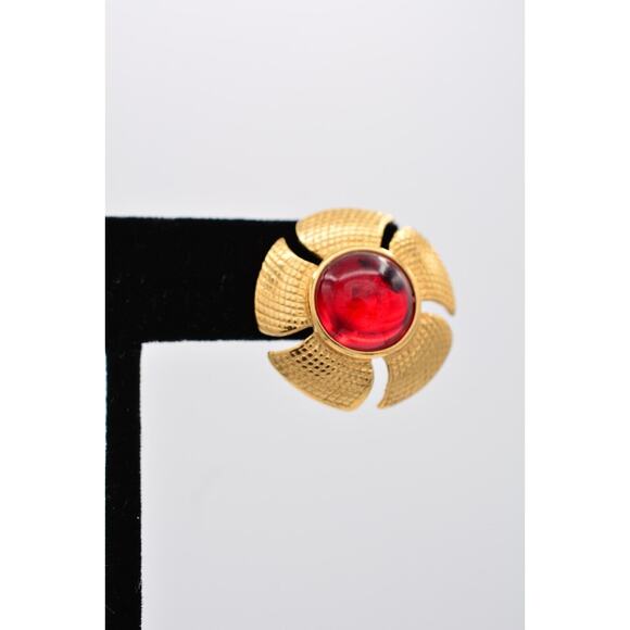 Sarah Cov Vintage Flower Red Cabochon Earrings Post Gold SC Signed 1980s BinAZ - Picture 7 of 12